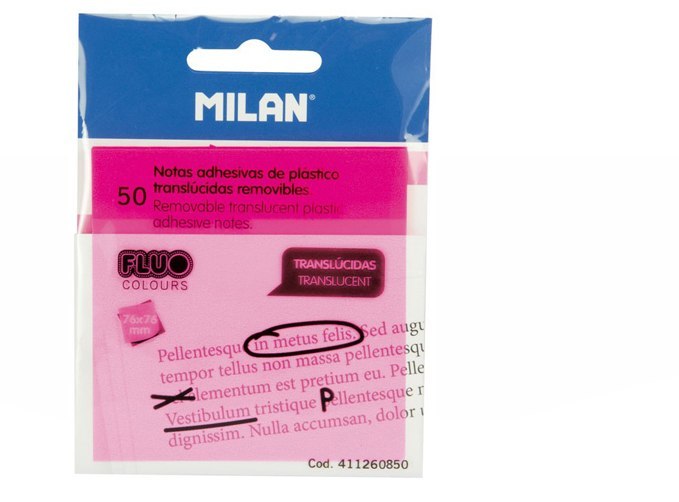 STICKY NOTES PINK MILAN FLUO TRANSPARENT 76 X 76 MM, 50 PCS MILAN